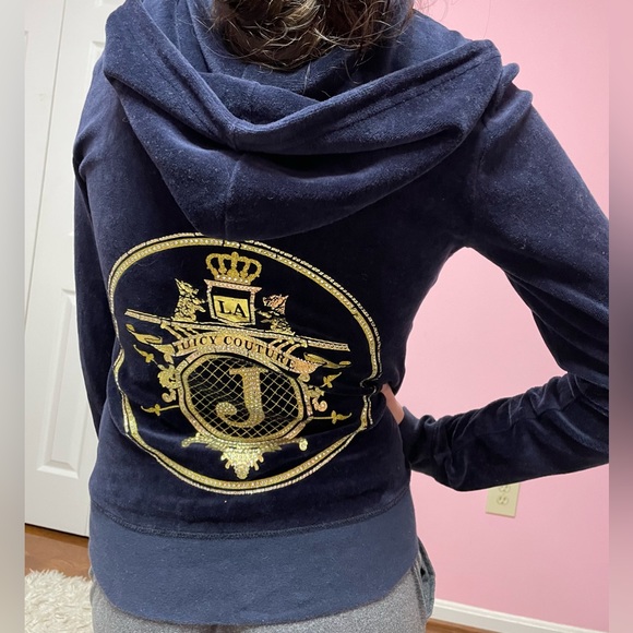 Juicy Couture Y2K rhinestone navy blue velvet Zip Up Hooded Jacket - Picture 2 of 9